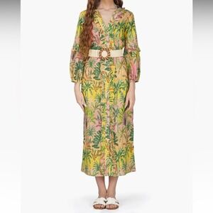 America & Beyond Endless Summer Tropical Floral Ruffle Shirt Dress Beaded Belt M